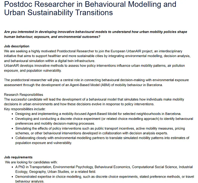 Postdoctoral Researcher in Behavioural Modelling and Urban Sustainability Transitions