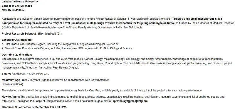 Project Research Scientist-I Recruitment 2026 at JNU – ICMR-Funded Cancer Biology Research Project