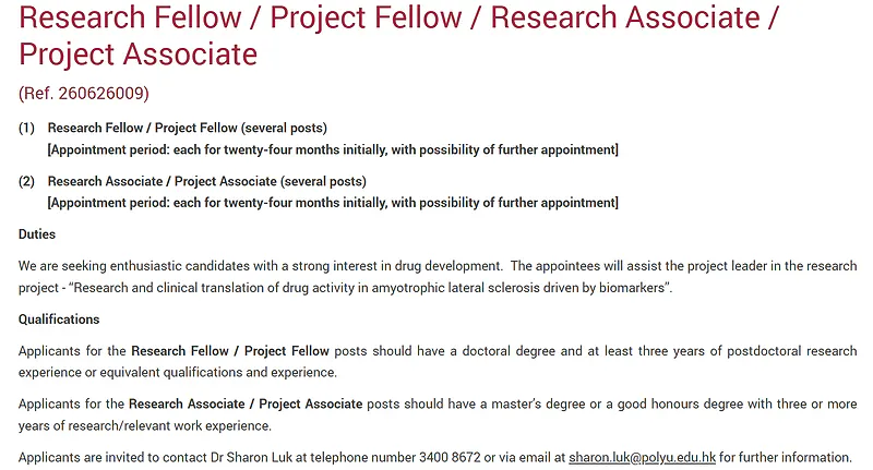 Hong Kong Polytechnic University Research Fellow / Project Fellow and Research Associate / Project Associate Recruitment