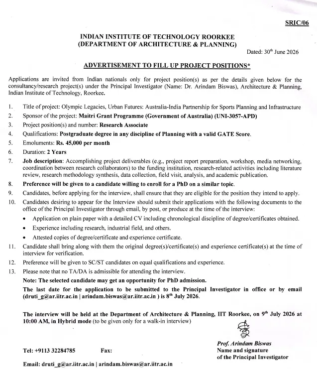 IIT Roorkee Invites Applications for Research Associate Position under Maitri Grant Programme