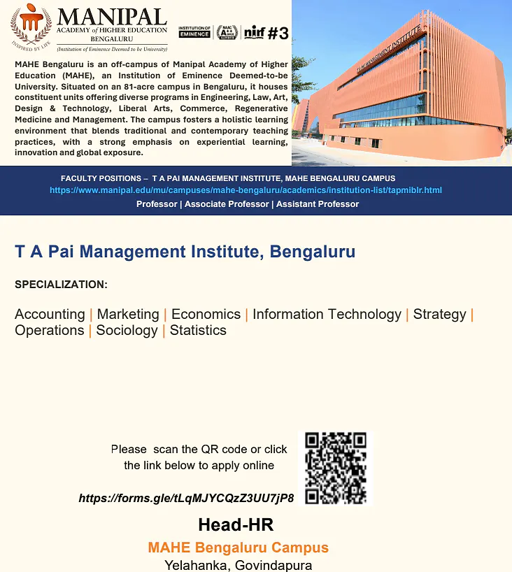 Faculty Recruitment Drive: Manipal Academy of Higher Education (MAHE), Bengaluru