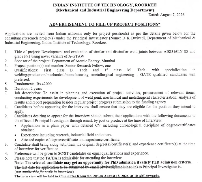 IIT Roorkee Senior Research Fellow Recruitment 2026: Walk-in Interview on 18 August