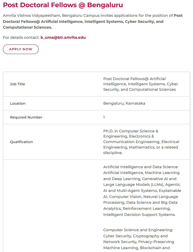 Postdoctoral Fellow Recruitment at Amrita Vishwa Vidyapeetham, Bengaluru