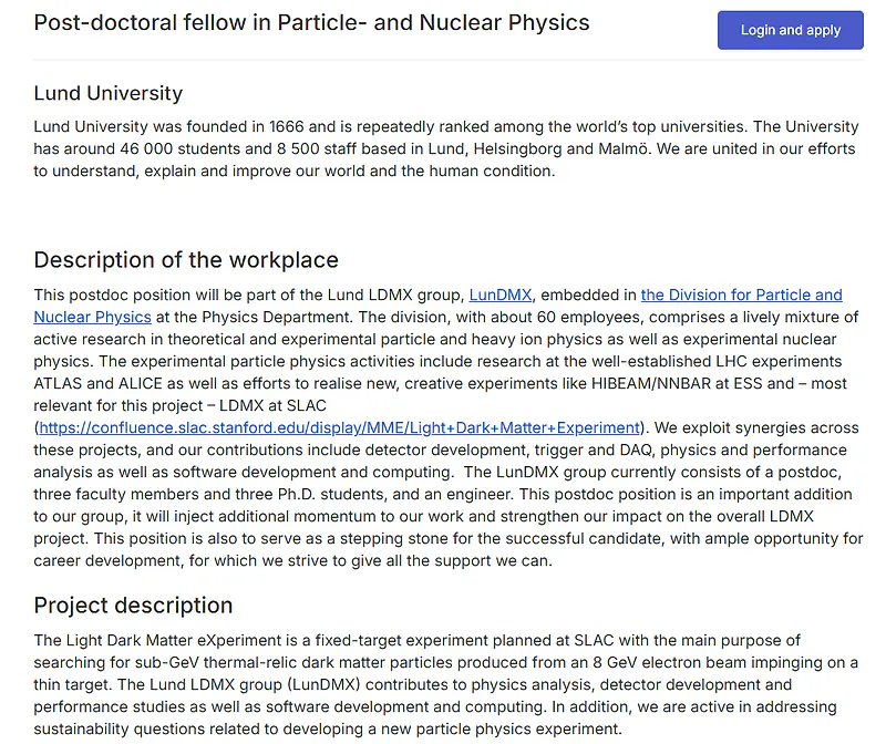 Lund University Recruitment 2026: Apply for Postdoctoral Fellow Position in Particle and Nuclear Physics