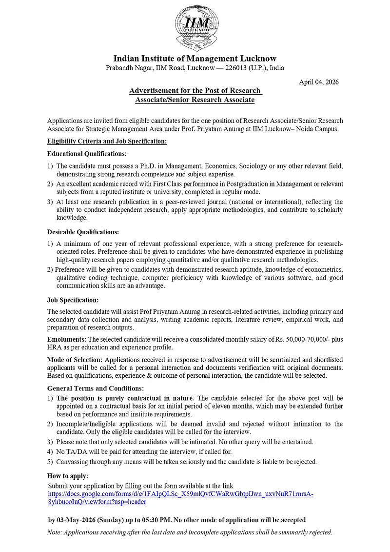 Research Recruitment 2026: IIM Lucknow (Noida Campus)