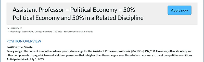 Assistant Professor – Political Economy – 50% Political Economy and 50% Related Discipline – UC Berkeley