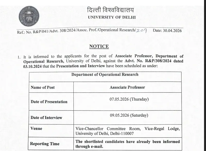  University of Delhi Associate Professor Interview Schedule 2026