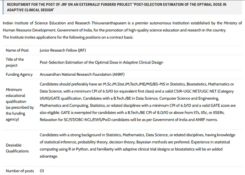 IISER Thiruvananthapuram JRF Recruitment