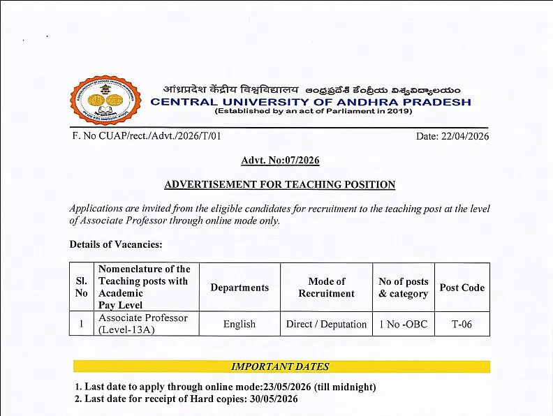 Faculty Recruitment 2026: Central University of Andhra Pradesh (CUAP)