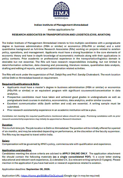 Research Associate Recruitment 2026 at IIM Ahmedabad – Transportation & Logistics (Civil Aviation)