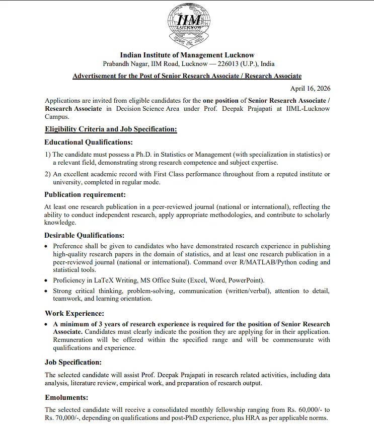 Senior Research Associate / Research Associate - Indian Institute of Management Lucknow