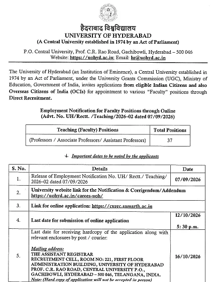 Faculty Recruitment 2026 at University of Hyderabad – 37 Professor, Associate Professor & Assistant Professor Positions