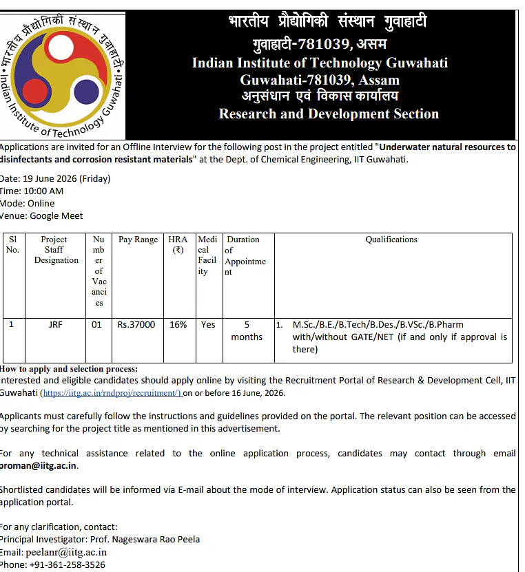 IIT Guwahati Recruitment 2026 | Junior Research Fellow (JRF) Position