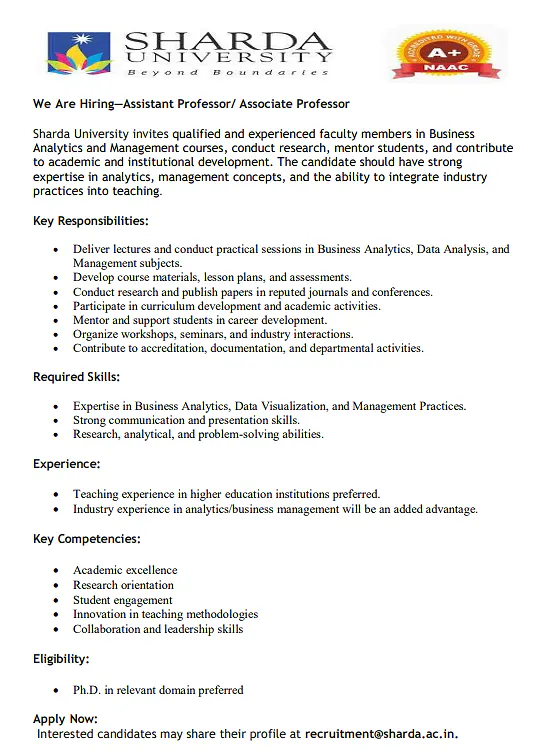 Sharda University Faculty Recruitment in Business Analytics and Management
