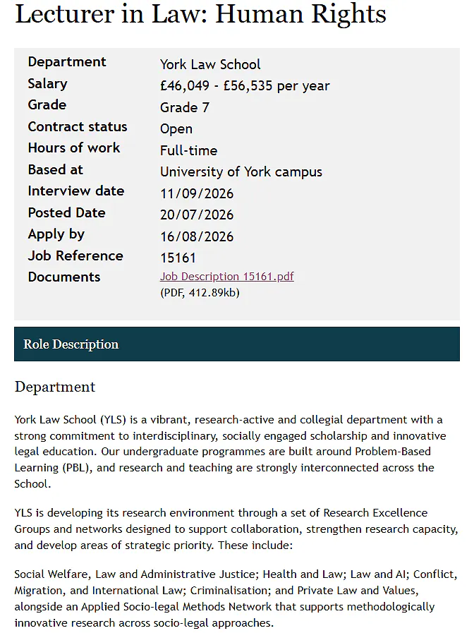 University of York Lecturer Recruitment in Human Rights Law