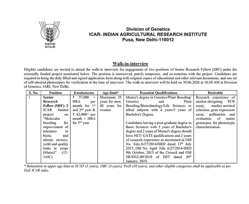 IARI SRF Recruitment 2026 – Walk-in Interview for Senior Research Fellow Positions 