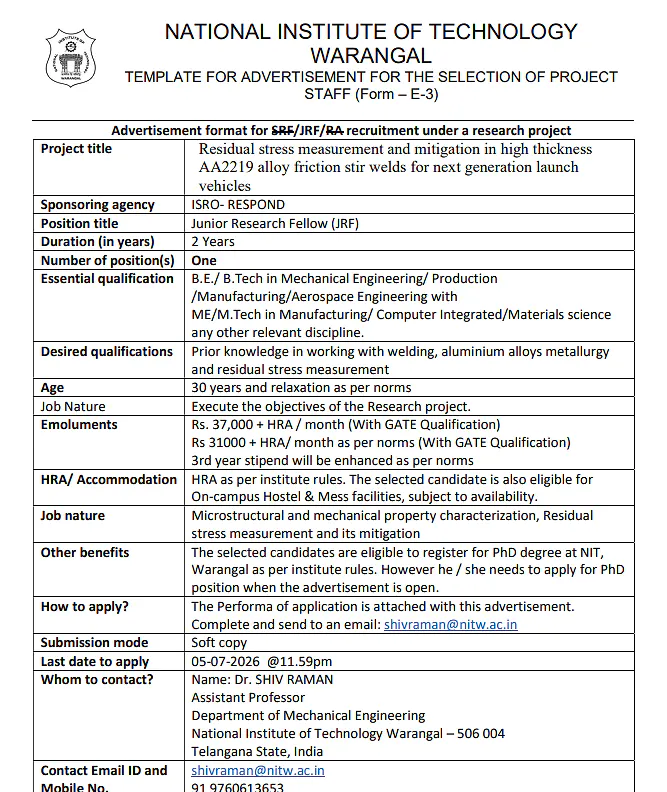NIT Warangal JRF Recruitment 2026 under ISRO-RESPOND Project