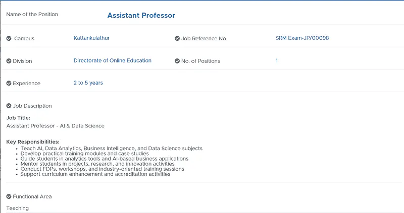 SRM Institute Recruitment: Assistant Professor in AI & Data Science