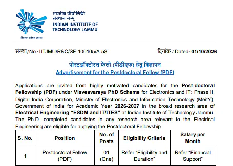 Postdoctoral Fellowship (PDF) Recruitment 2026 at IIIT Jammu – Visvesvaraya PhD Scheme